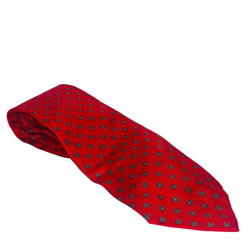 Christian Dior Red Silk Squares Tie 56” Paris Handmade Holidays Christmas